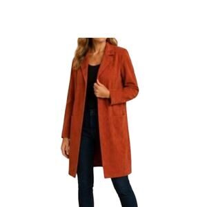 Philosophy Duster Womens Size L Rust Faux Leather Coatigan Pockets Collar NWT